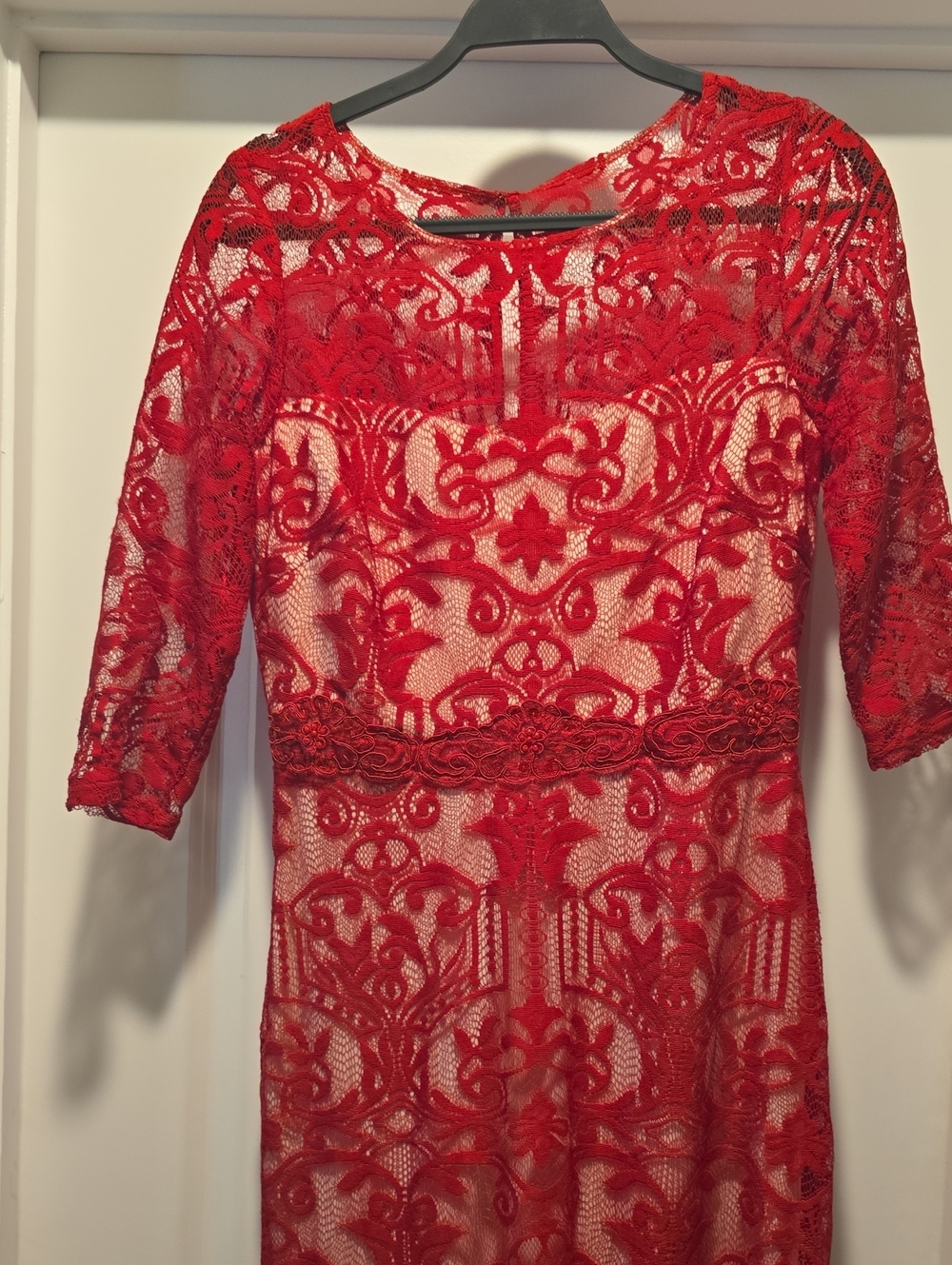 Signature by Sangria Red Lace Long Sleeve Sheath Dress